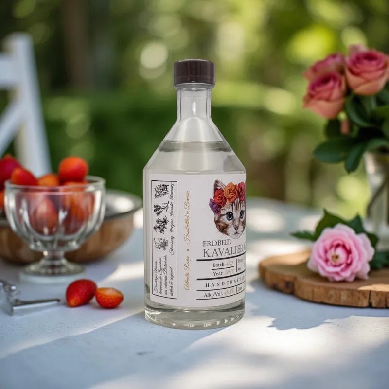 Lilienthal Erdbeer Kavalier Gin Seitenansicht auf Tisch angerichtet